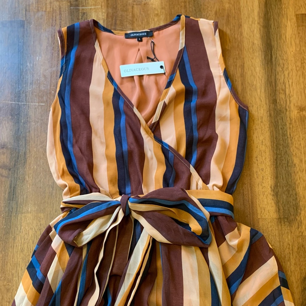 Olivaceous V-Neck Maxi Dress Large Striped Blue Brown Tie Waist Long outer Panel - Picture 2 of 13